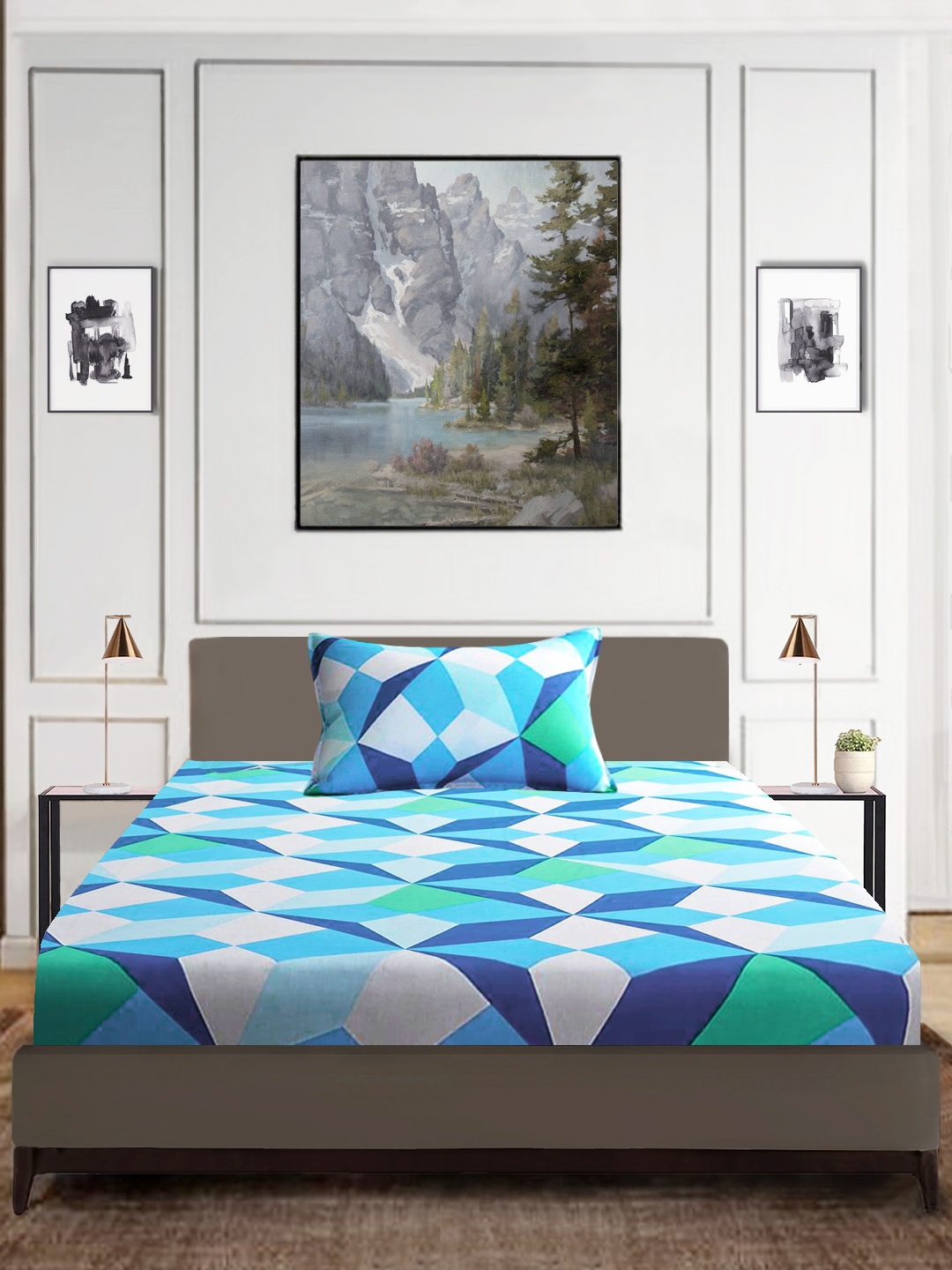 

Good Homes by Home Candy Blue & White Geometric 144 TC Single Bedsheet with 1 Pillow Covers