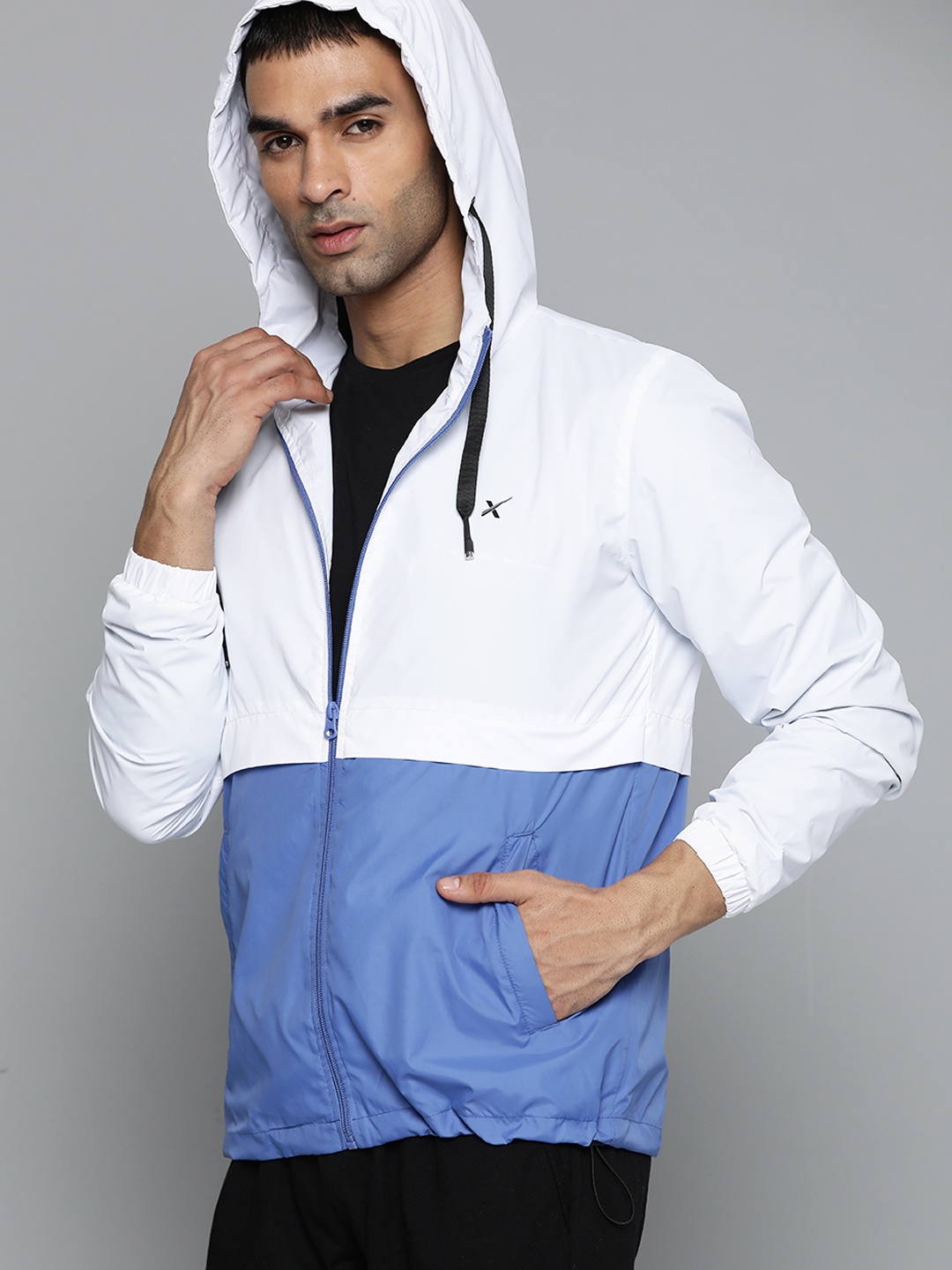 

HRX By Hrithik Roshan Running Men White & Pastel blue Rapid-Dry Colourblock Jacket