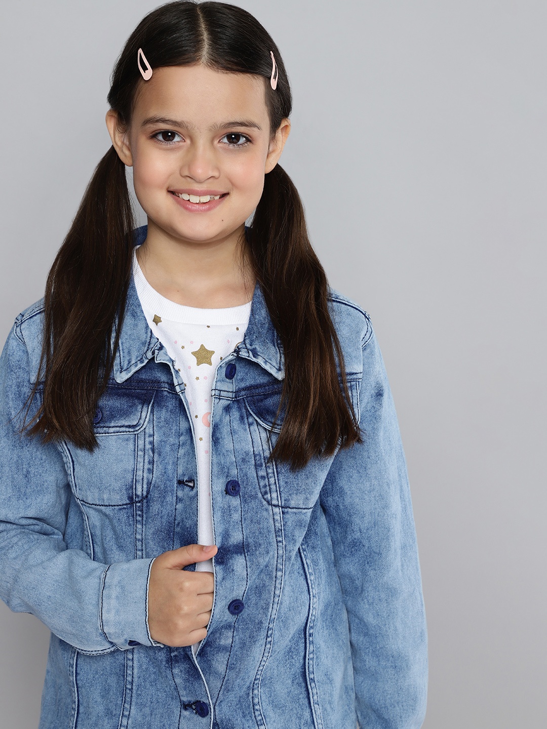 

HERE&NOW Girls Blue Solid Cotton Blend Regular Denim Jacket