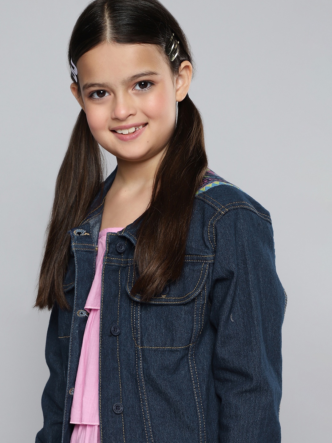 

HERE&NOW Girls Navy Blue Solid Cotton Blend Regular Denim Jacket