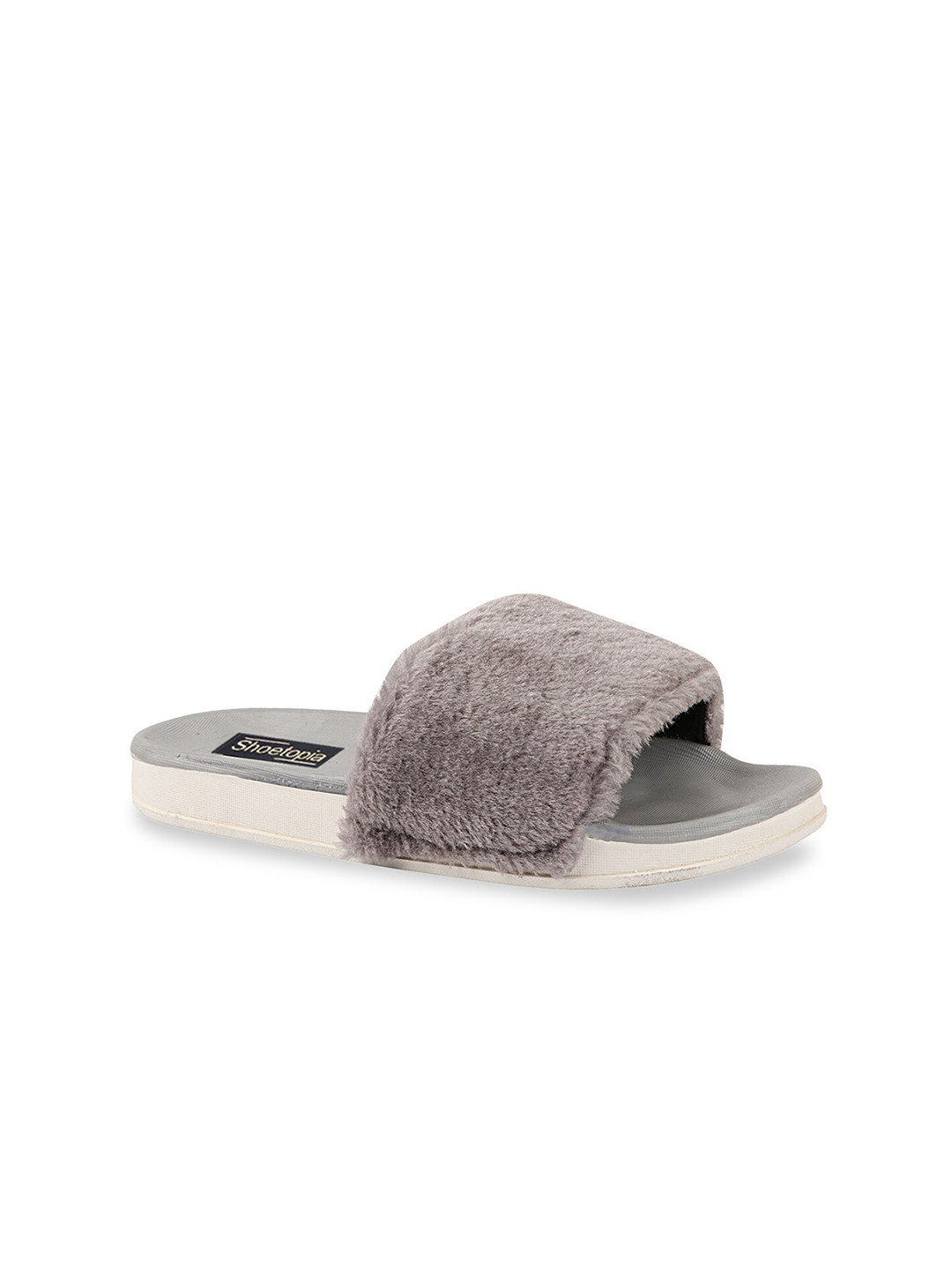 

Shoetopia Women Grey Solid Fur Slider Flip Flops