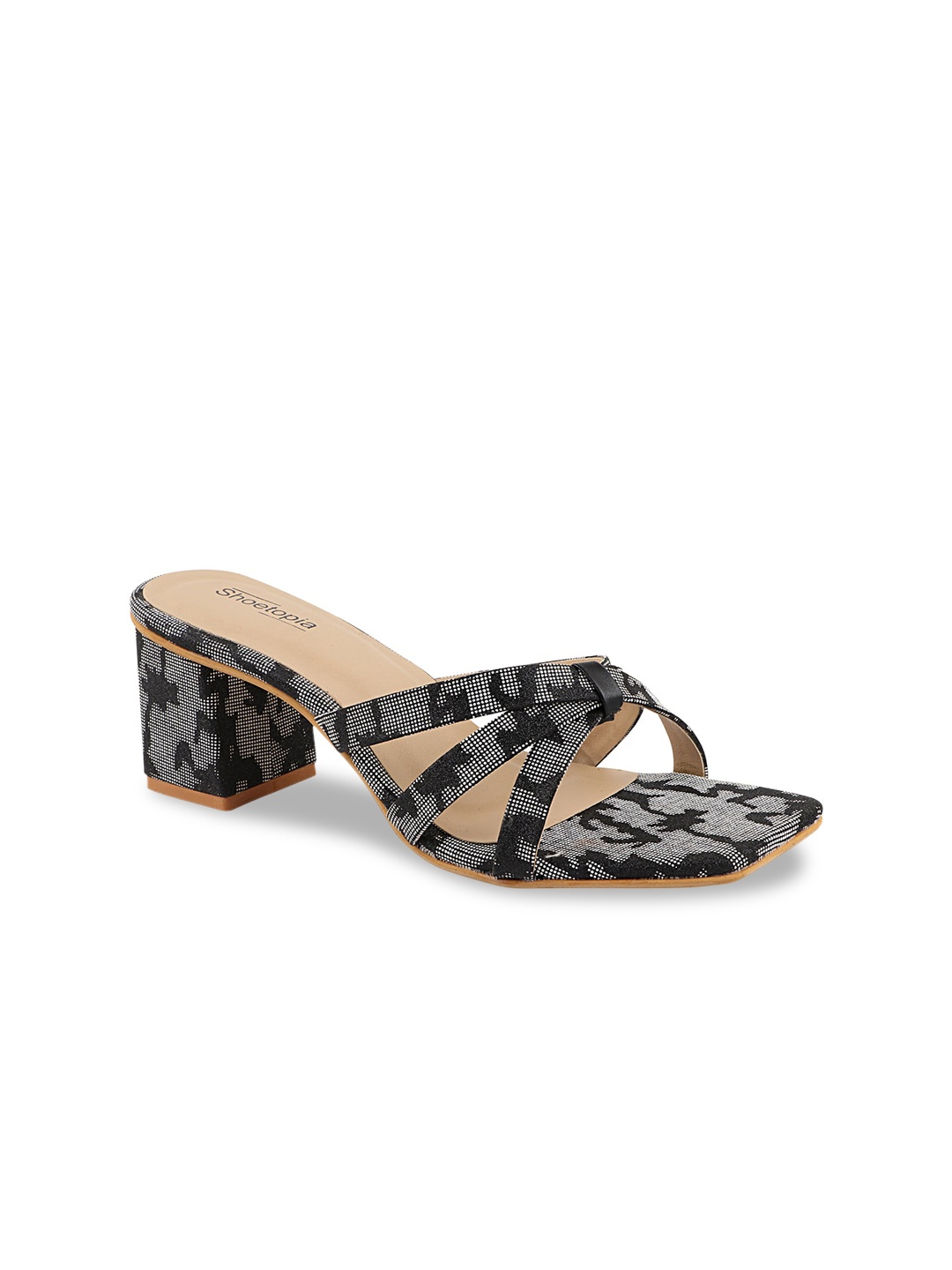 

Shoetopia Women Black & Beige Printed Block Sandals