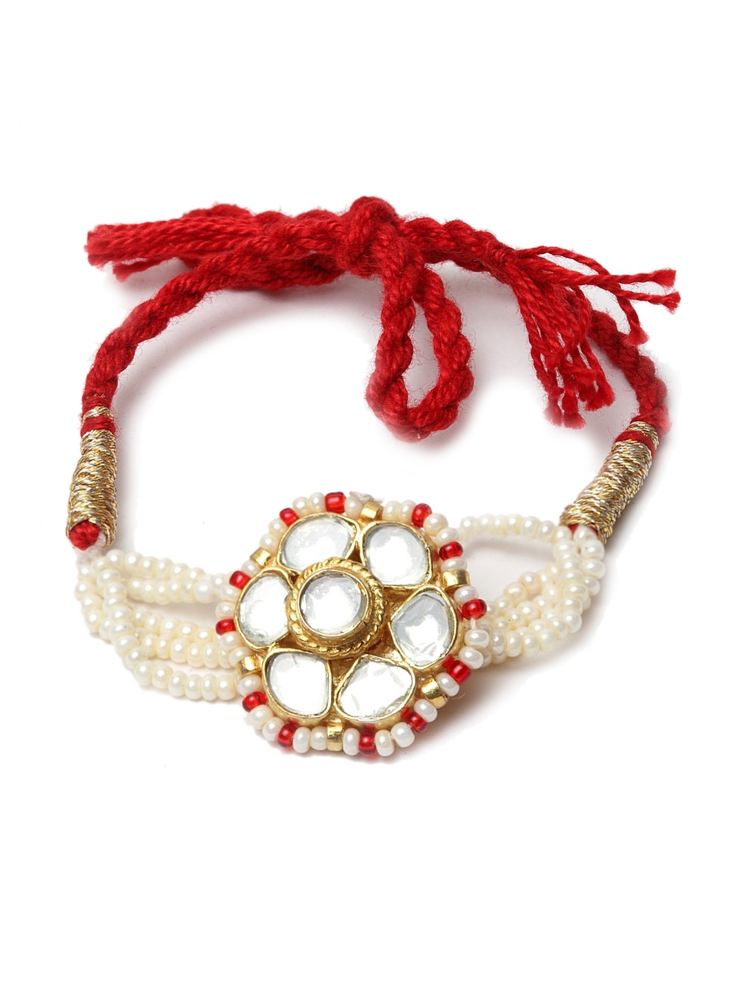 

DUGRISTYLE Men White & Red Kundan Studded & Beaded Rakhi