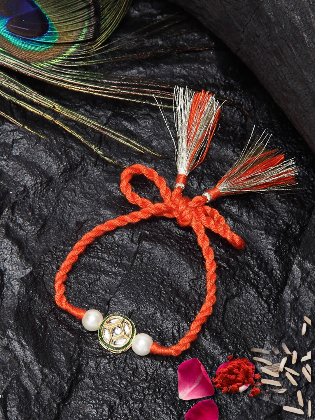 

DUGRISTYLE Men Gold-Plated Kundan-Studded Pearl Beaded Rakhi With Roli & Chawal
