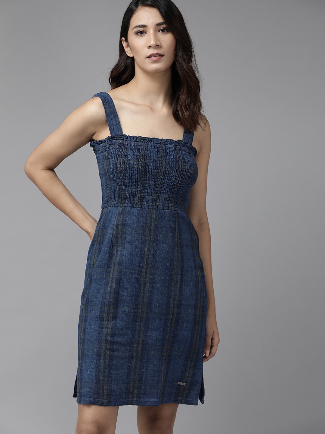 

Roadster Women Navy Blue Pure Cotton Checked Smocked Sheath Dress