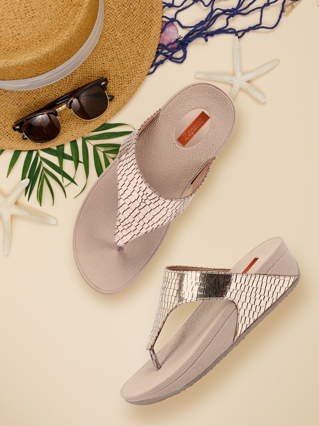 

ZAPATOZ Women Gold-Toned Textured Wedge Sandals