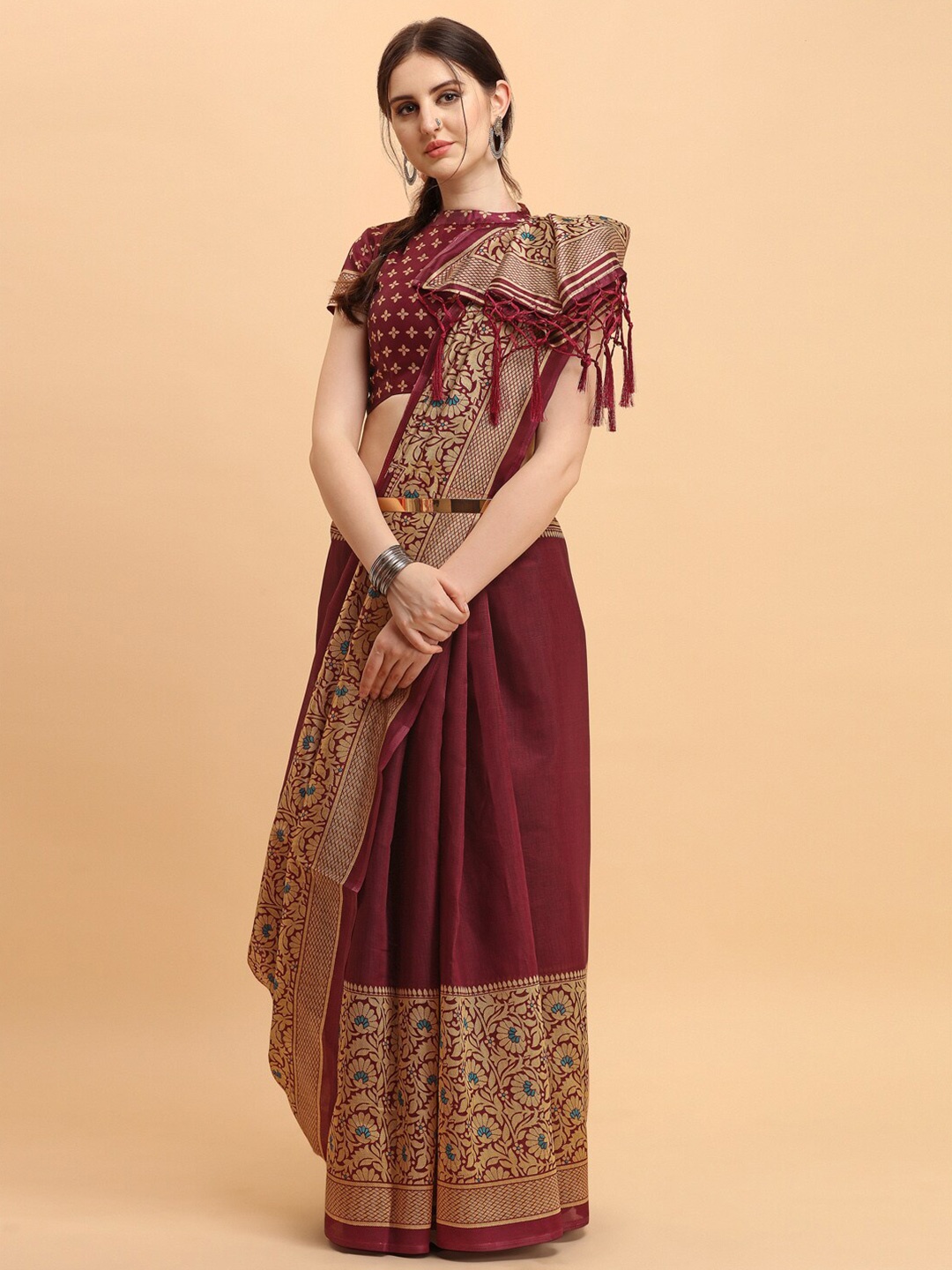 

KALINI Maroon & Gold Ethnic Motifs Printed Art Silk Saree