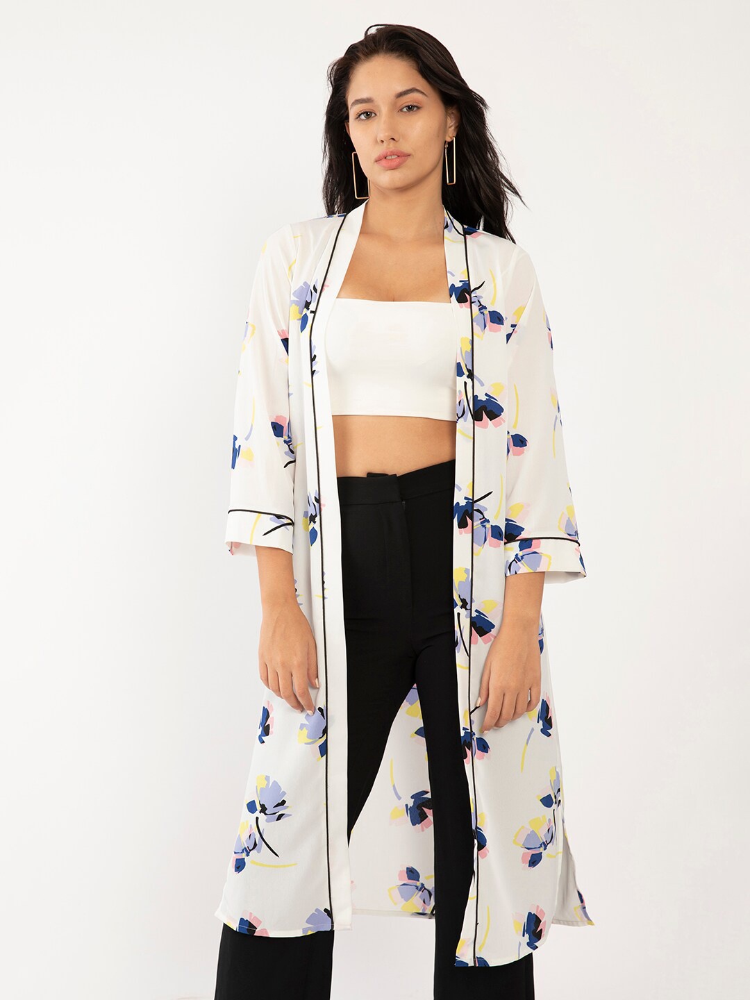 

Zink London Women White & Multicoloured Printed Longline Shrug