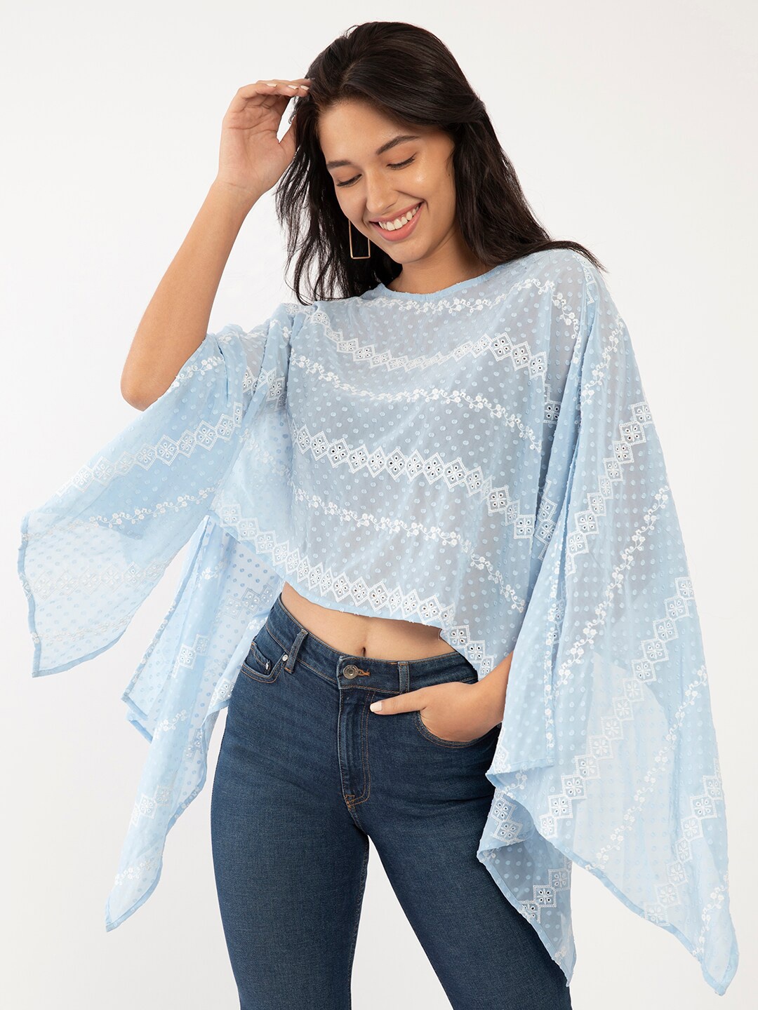 

Zink London Women Blue & White Embroidered Waterfall Shrug