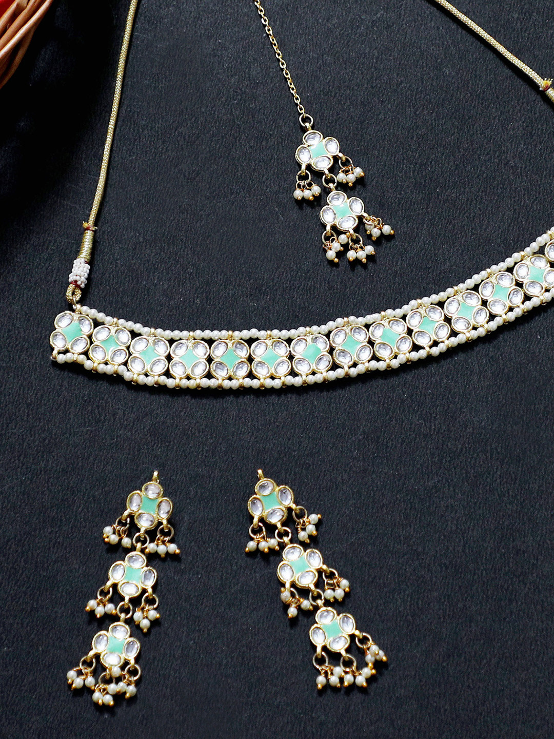 

KARATCART Gold-Plated White & Sea Green Kundan-Studded Pearl Beaded Meenakari Handcrafted Jewellery Set