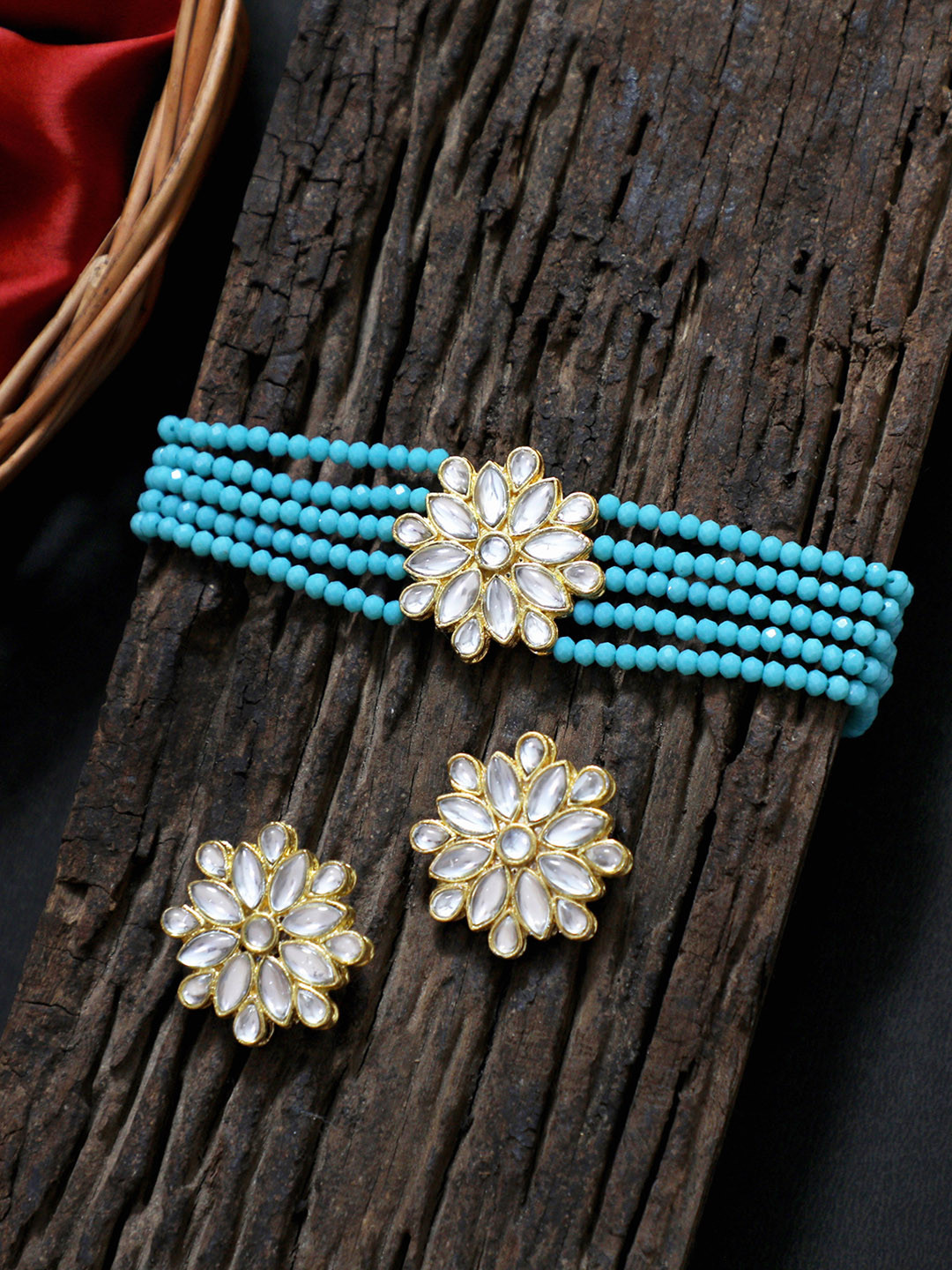 

KARATCART Gold-Plated Blue & White Crystal & Kundan-Studded & Blue Beaded Handcrafted Jewellery Set