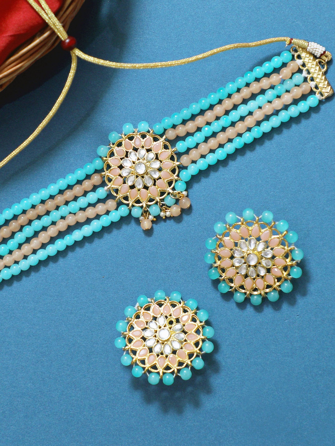 

KARATCART Gold-Plated White & Blue Kundan-Studded Beaded Handcrafted Jewellery Set