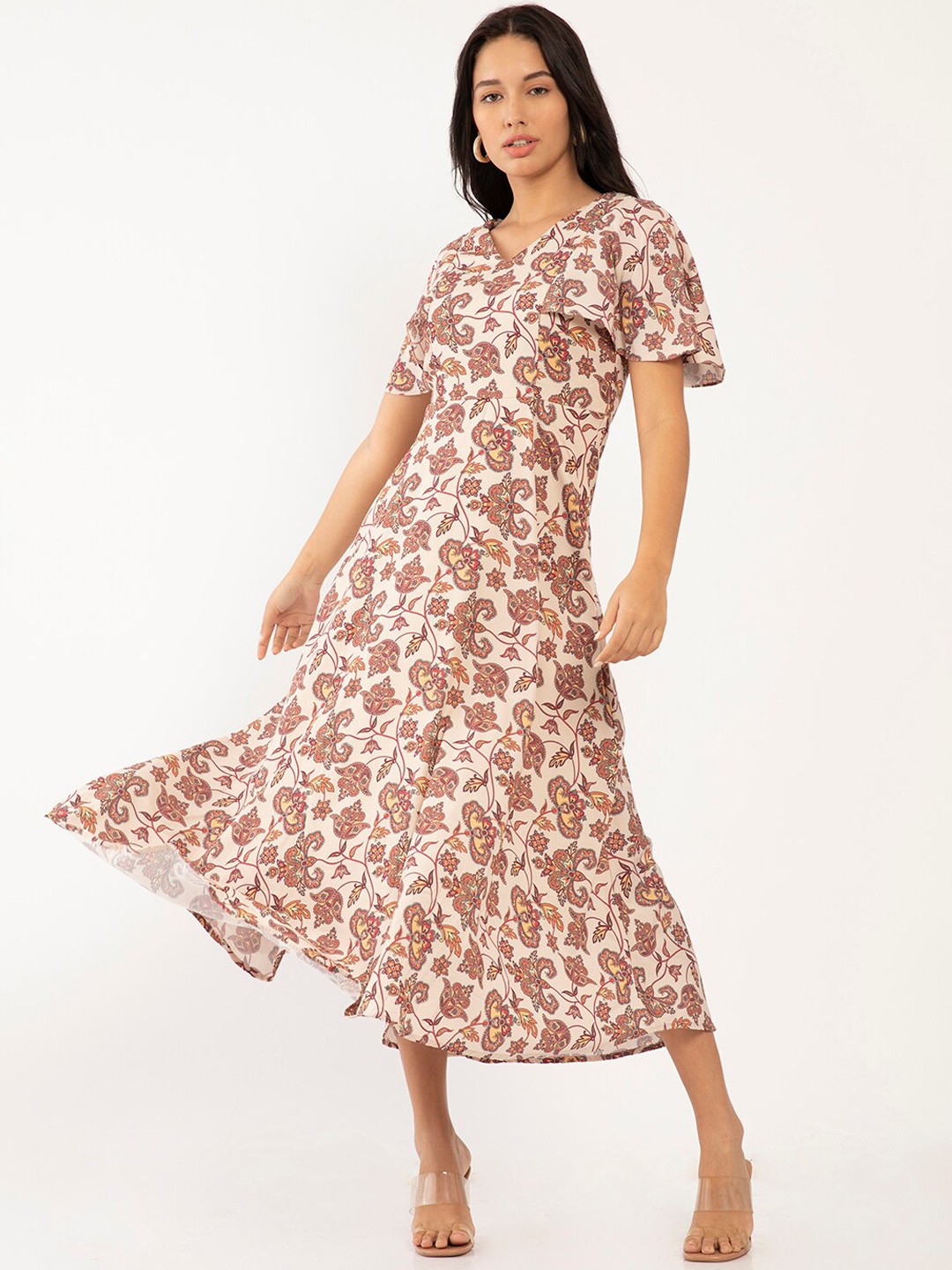 

Zink London Women Beige Floral Printed Maxi Dress