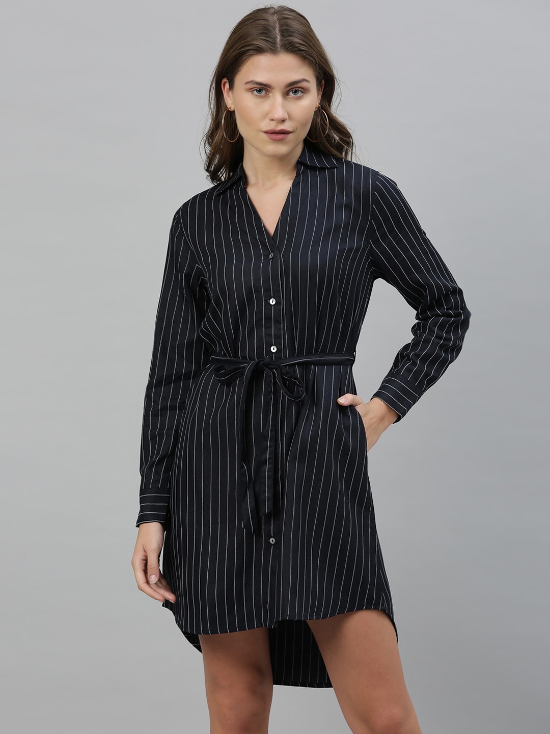 

RAREISM Women Navy Blue Striped Shirt Dress