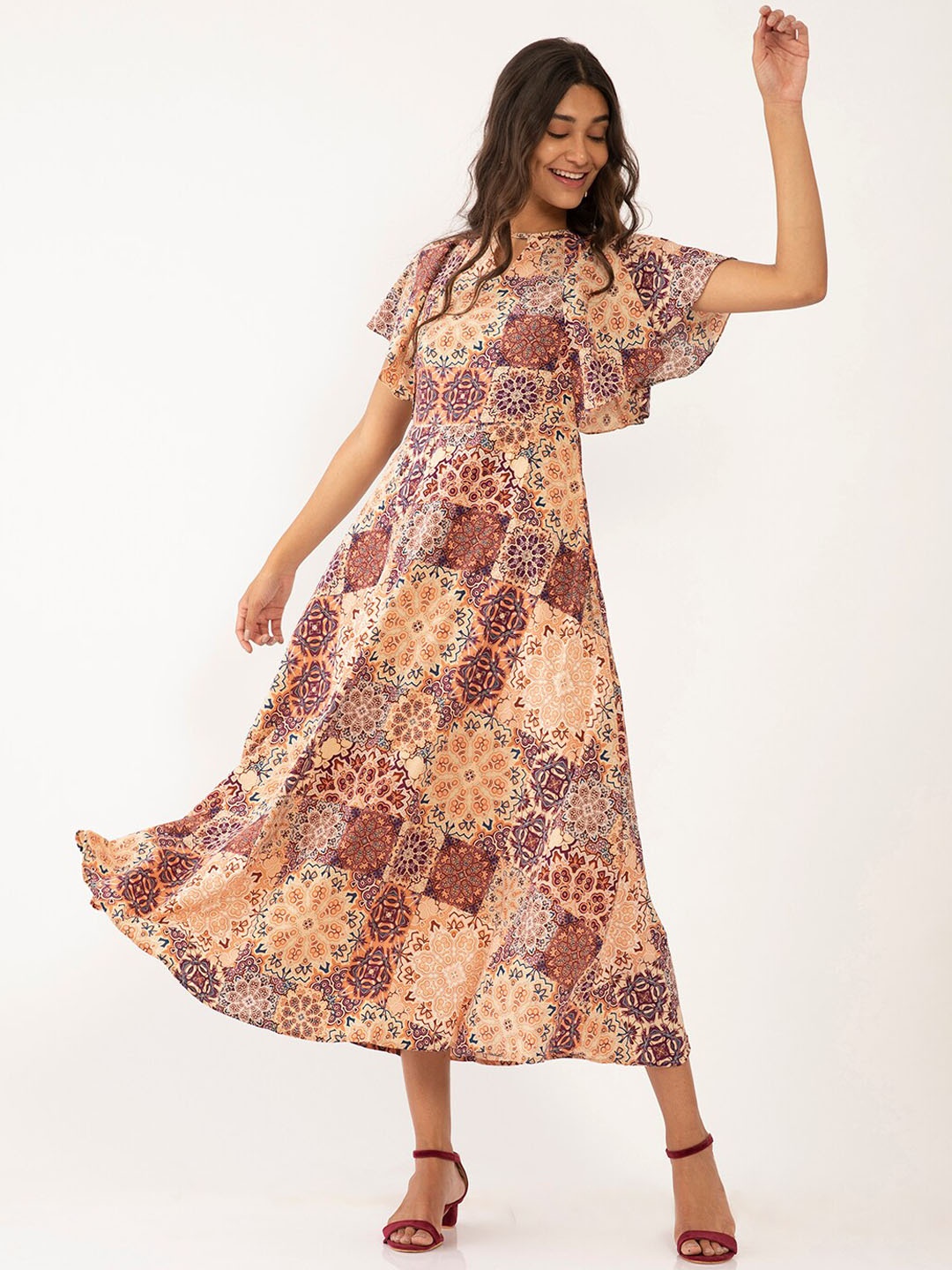

Zink London Women Brown & Beige Tribal Print Bohemian Keyhole Neck Maxi Dress