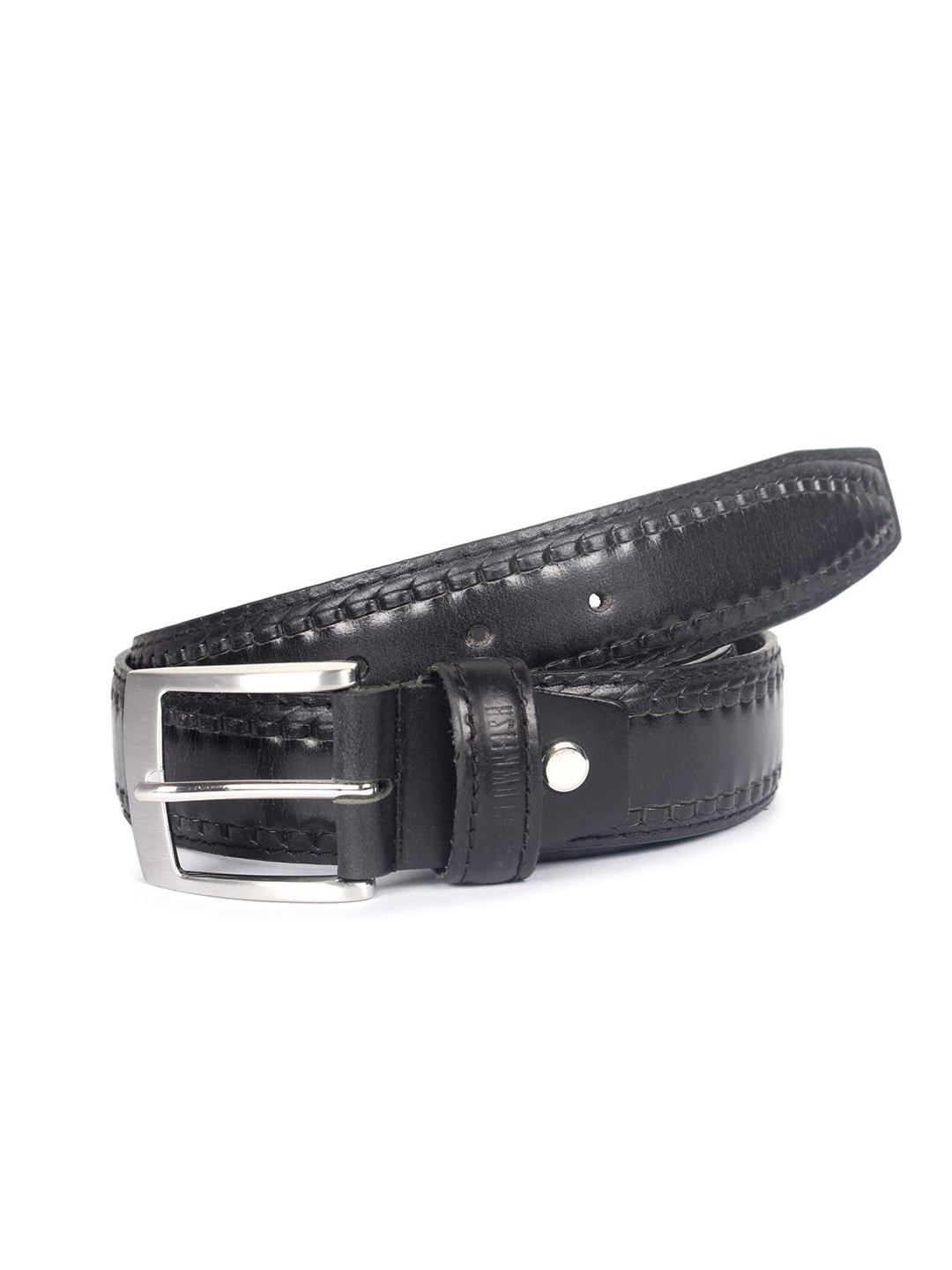 

THE CLOWNFISH Men Black Textured Leather Belt