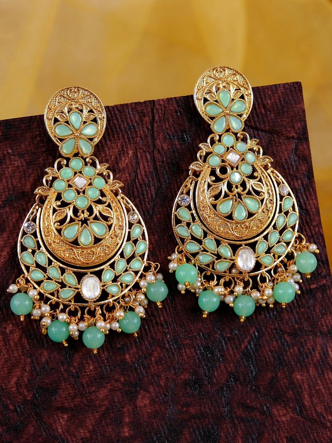 

Crunchy Fashion Gold-Toned Green Stone Studded & Beaded Contemporary Chandbalis Earrings