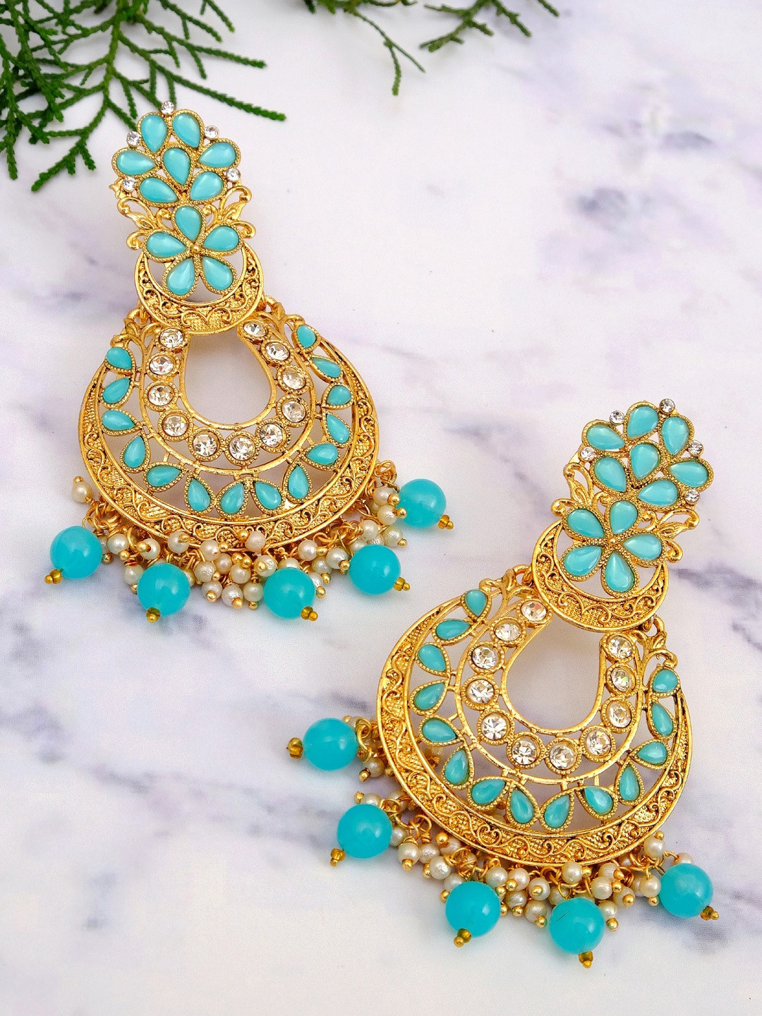

Crunchy Fashion Gold-Toned & Turquoise Blue Contemporary Antique Chandbalis Earrings