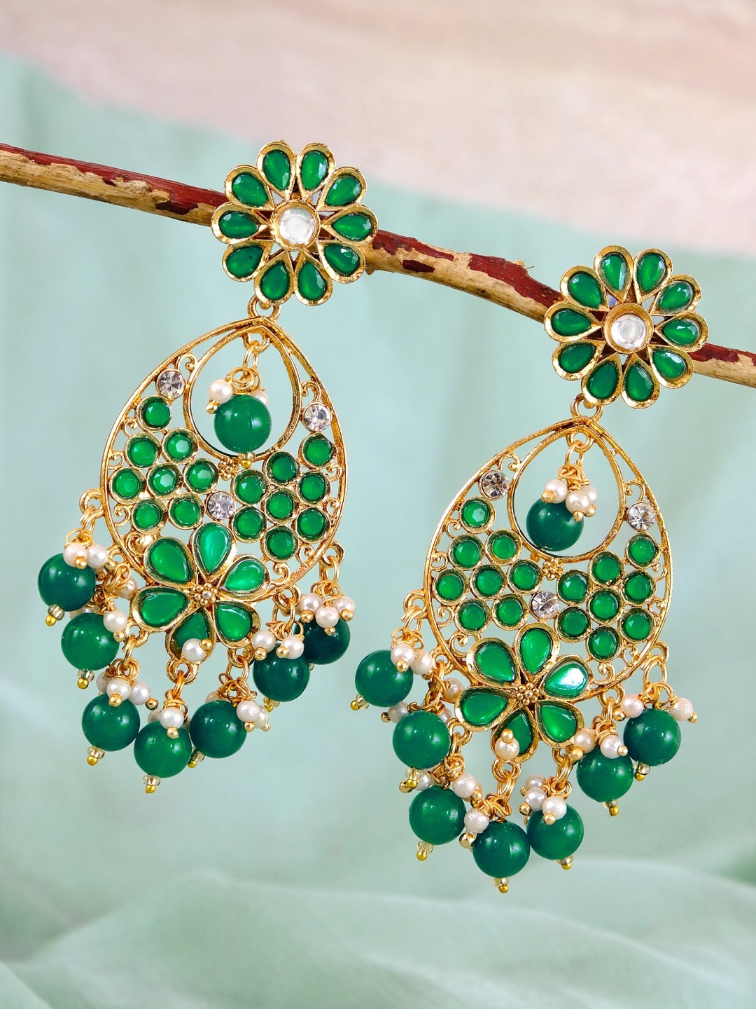 

Crunchy Fashion Gold-Plated & Green Contemporary Pearls Antique Chandbalis Earrings