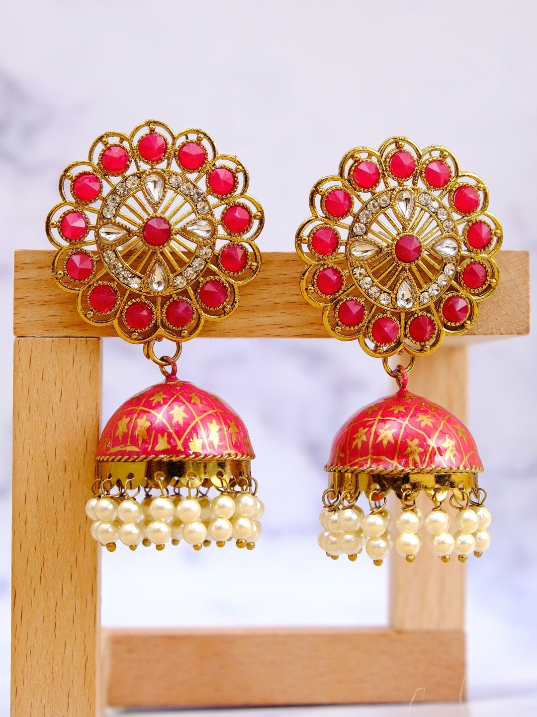 

Crunchy Fashion Gold-Toned & Pink Contemporary Jhumkas Earrings