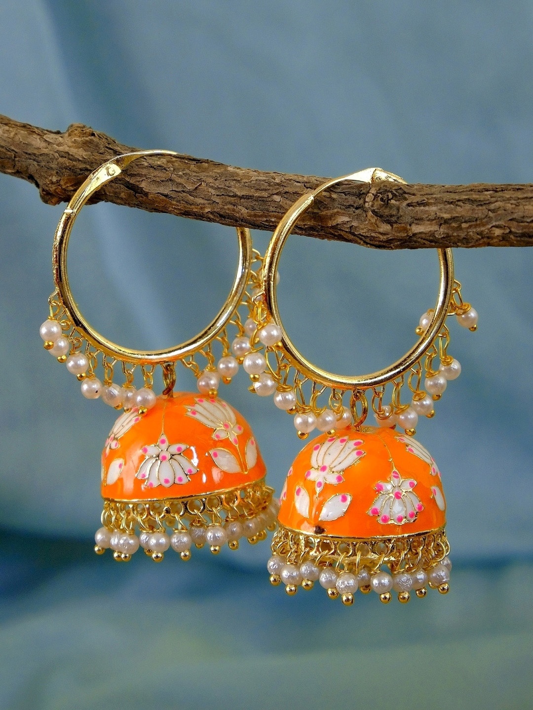 

Crunchy Fashion Gold-Toned & Orange Contemporary Pearl Studded Meenakari Hoop Earrings