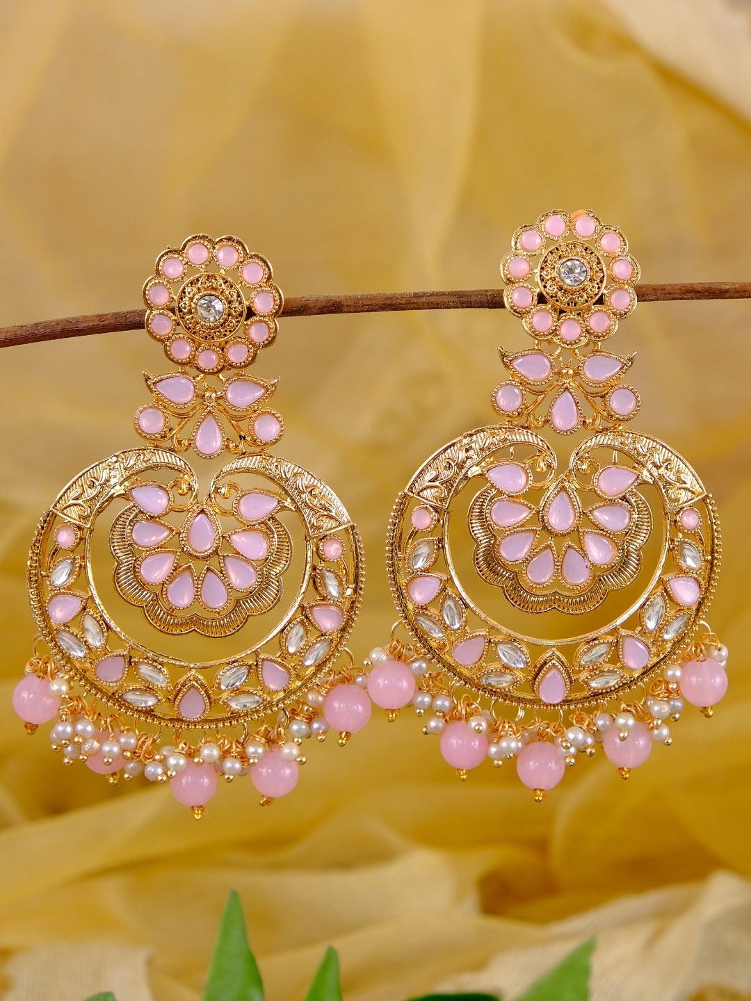 

Crunchy Fashion Gold-Plated Pink Contemporary Kundan & Pearls Studded Chandbalis Earrings