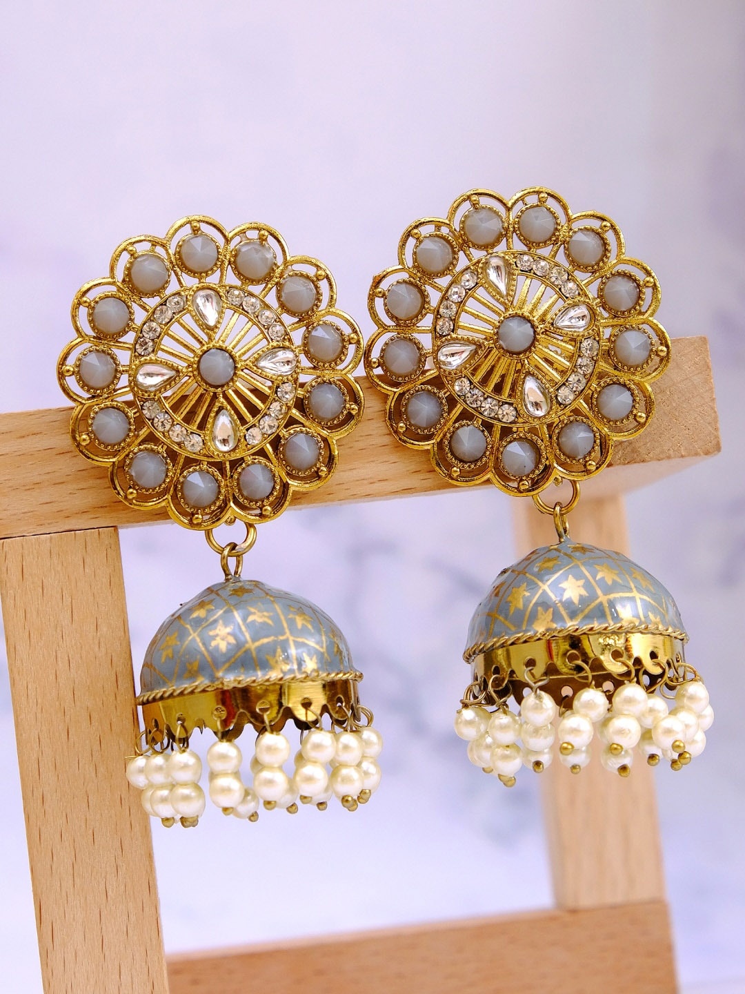 

Crunchy Fashion Gold-Toned & Grey Artificial Beads & Stones Contemporary Jhumkas Earrings