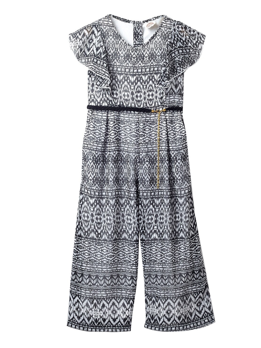 

Cub McPaws Girls Black & White Printed Basic Jumpsuit with Ruffles