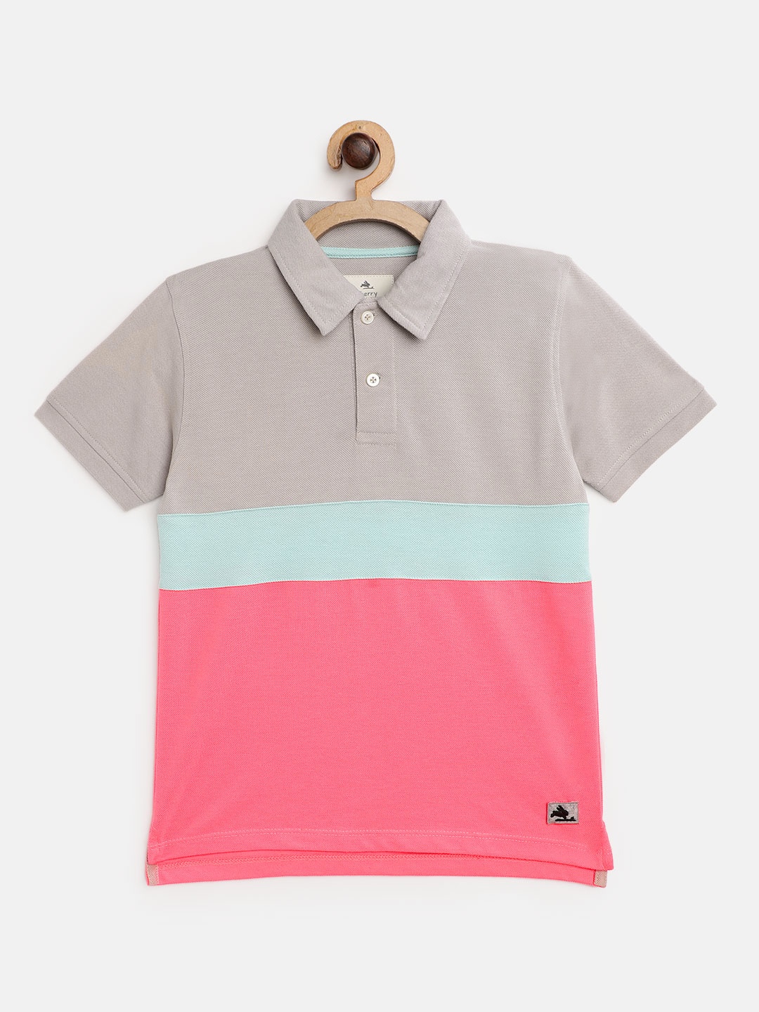 

Cherry Crumble Boys Grey & Pink Colourblocked Polo Collar T-shirt