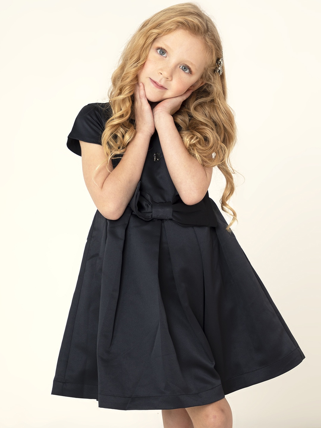 

Cherry Crumble Girls Navy Blue Embellished Satin Finish Fit & Flare Dress