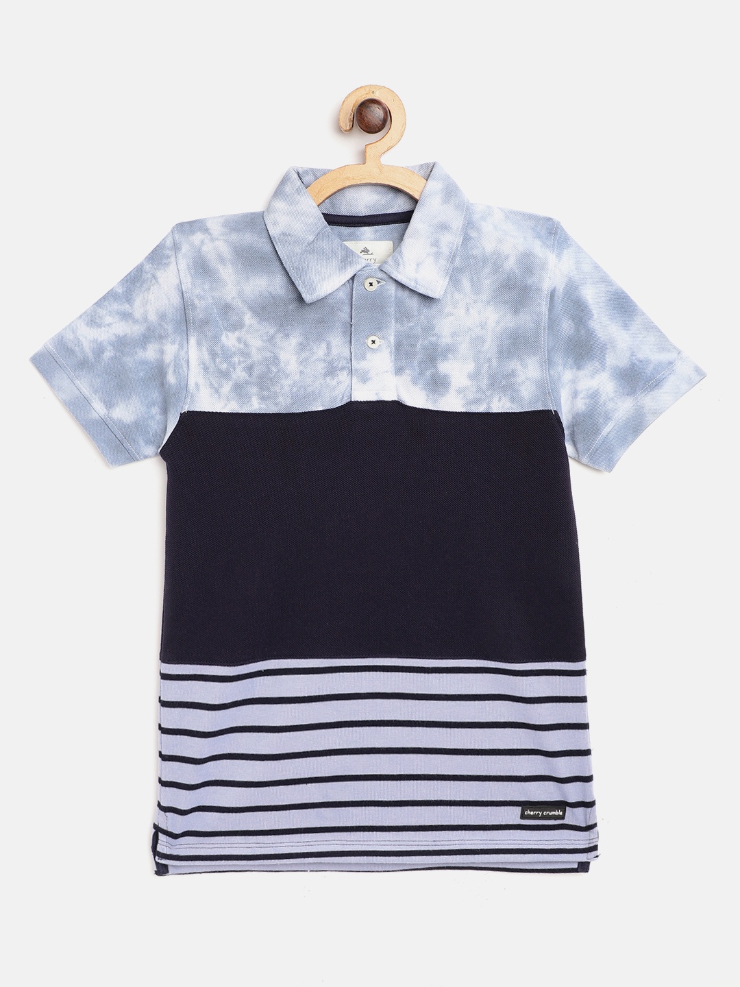 

Cherry Crumble Boys Blue Striped & Dyed Polo Collar T-shirt