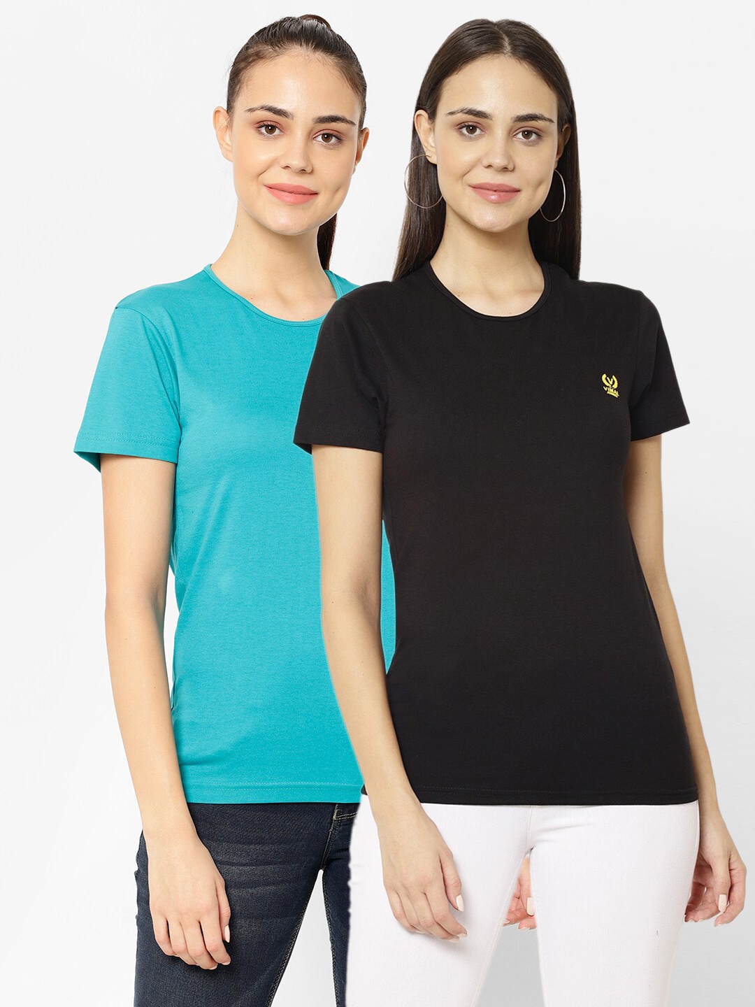 

MACK JONNEY Women Pack Of 2 Black & Turquoise Blue T-shirt