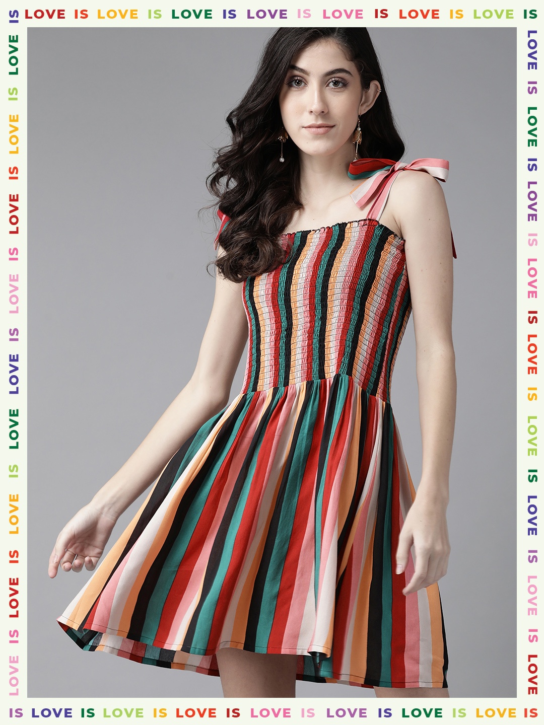 

The Dry State Multicoloured Candy Striped Smocked Fit & Flare Dress, Multi