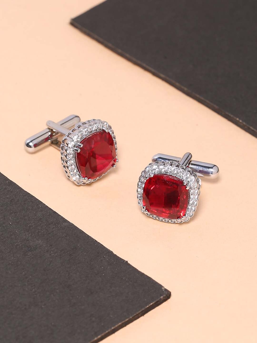 

Tistabene Silver & Pink Embellished Stone Square Cufflinks