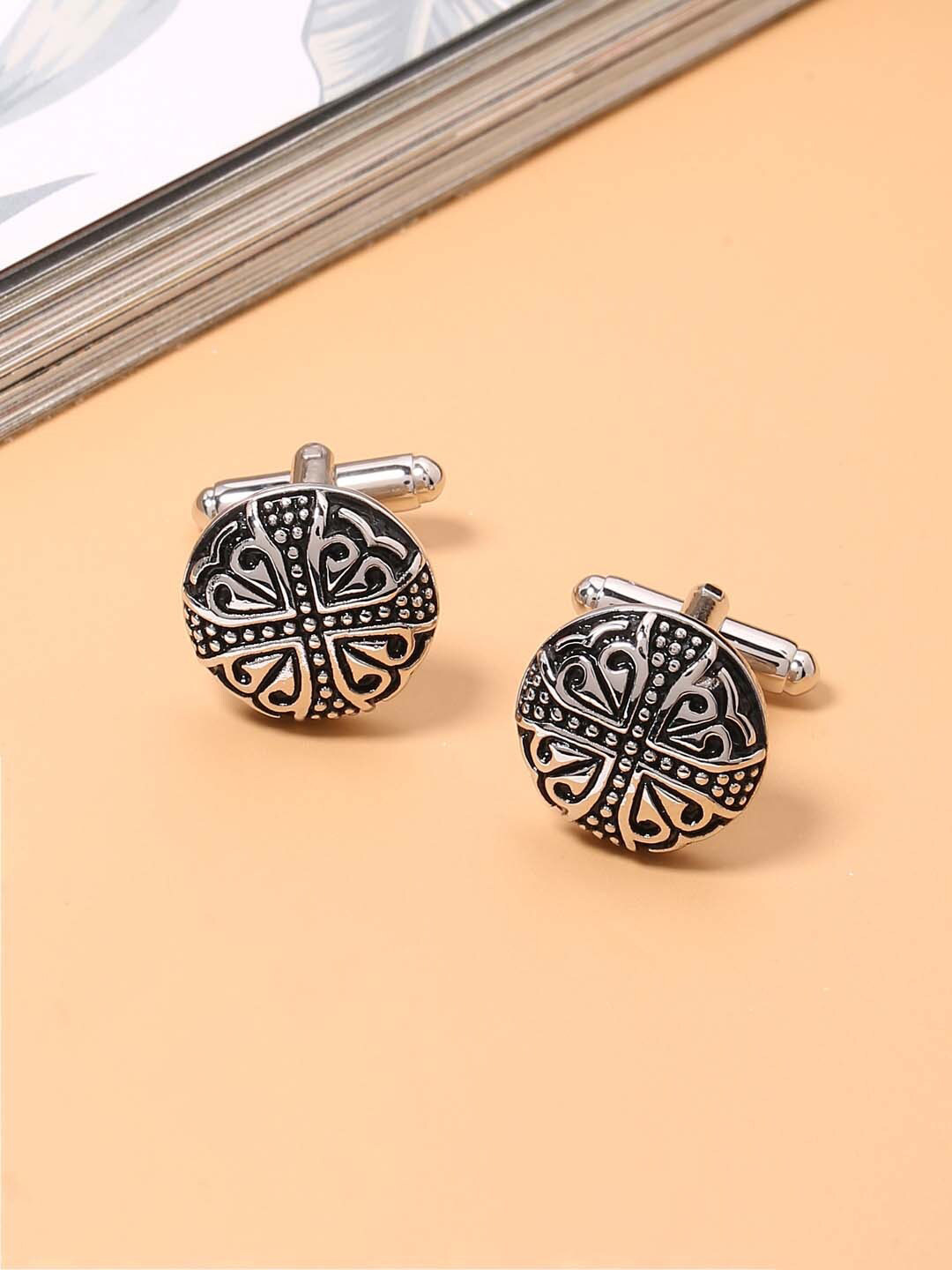 

Tistabene Black & Silver Ethnic Engraved Rhodium-Plated Round Cufflinks