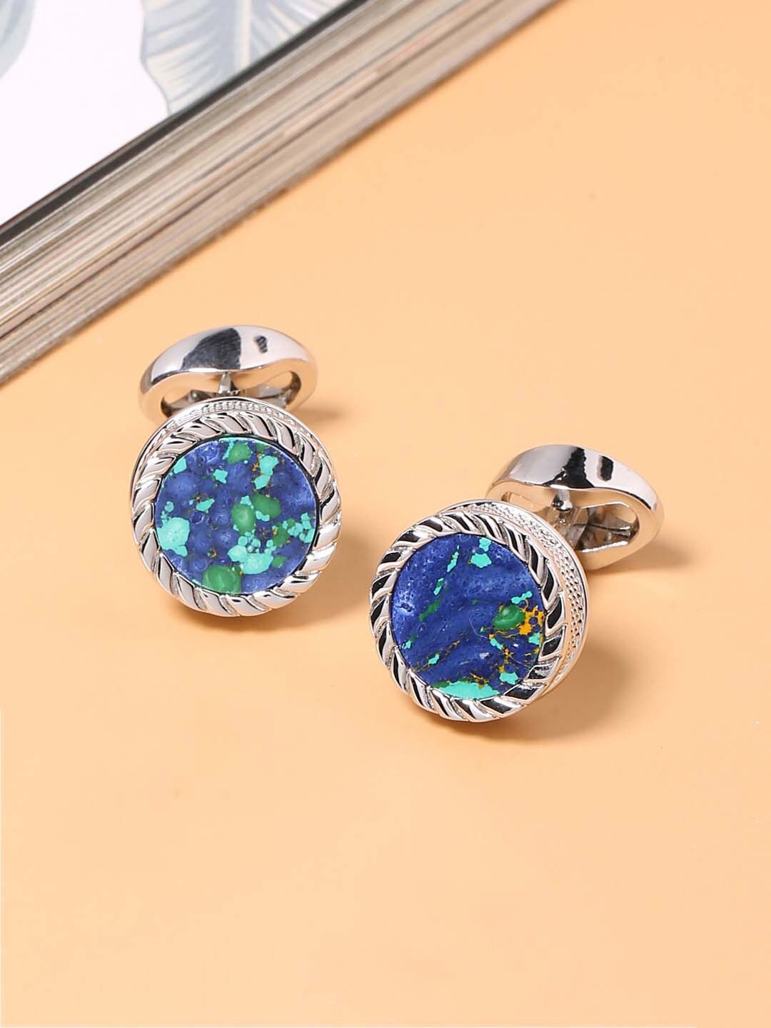 

Tistabene Silver-Toned & Blue Round Cufflinks