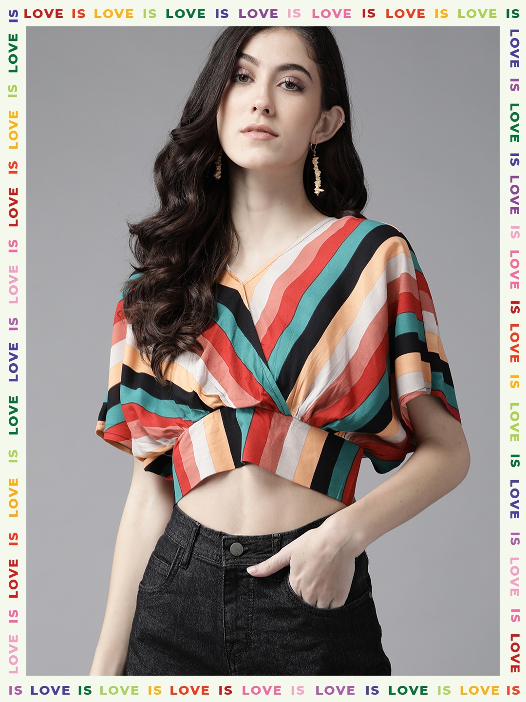 

The Dry State Pink & Black Striped Extended Sleeves Wrap Crop Top