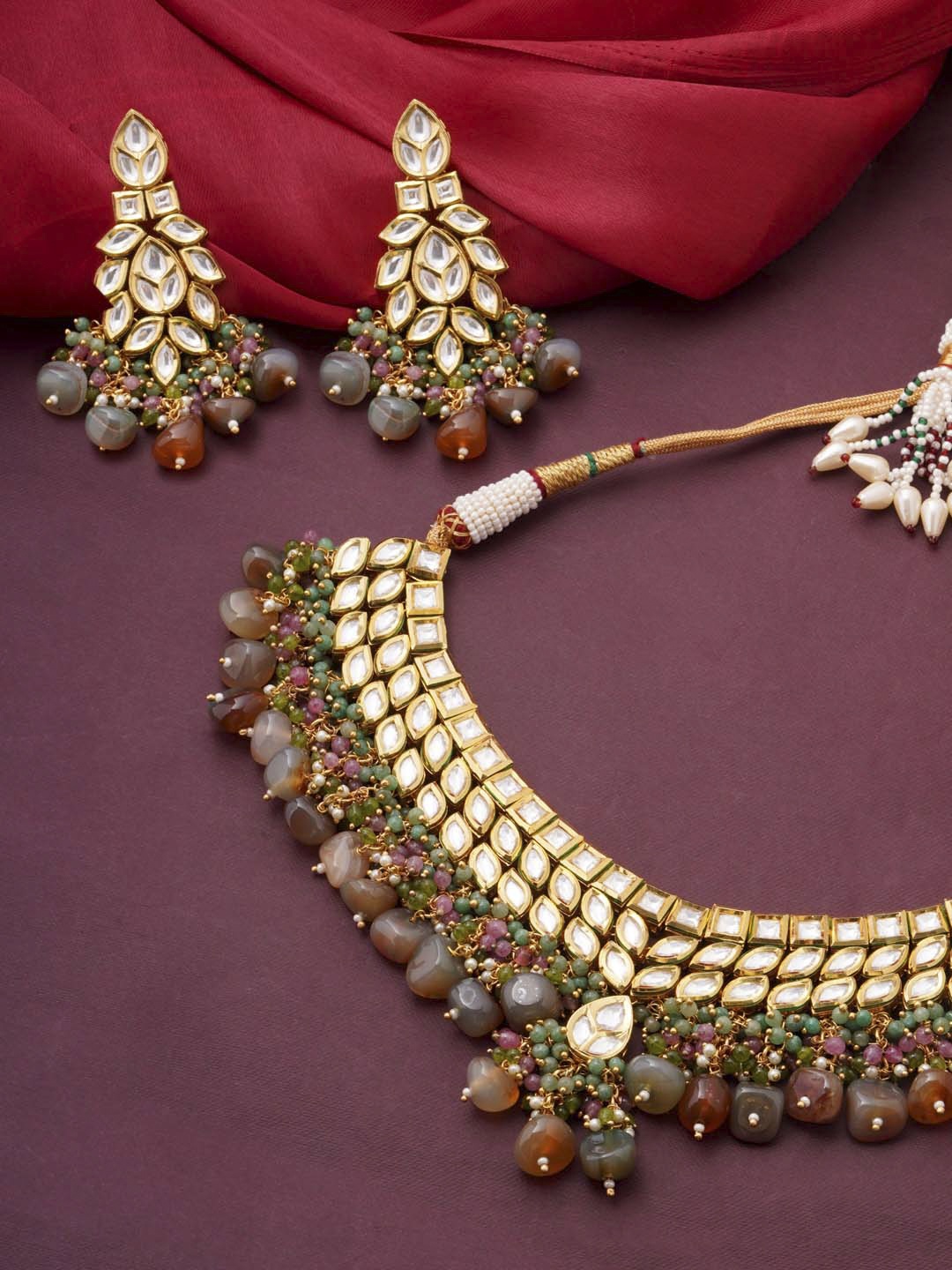 

Tistabene Gold-Plated White & Brown Kundan-Studded & Beaded Jewellery Set