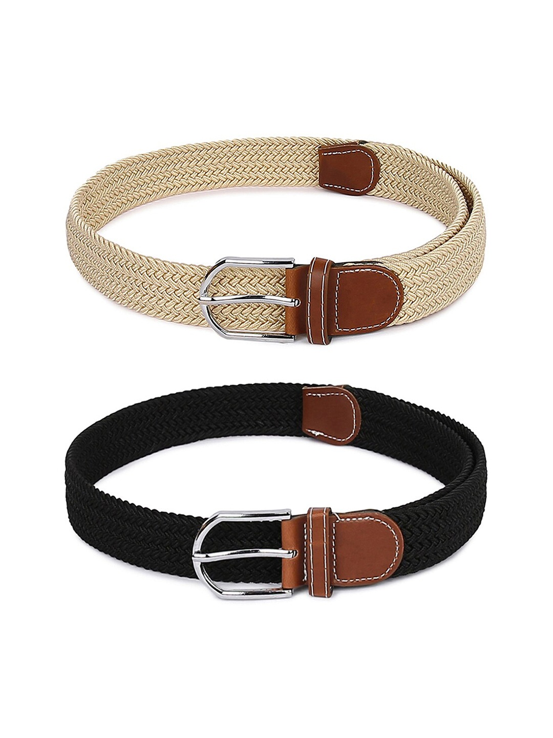 

CRUSSET Women Cream & Black Woven Design Pack of 2 Belts