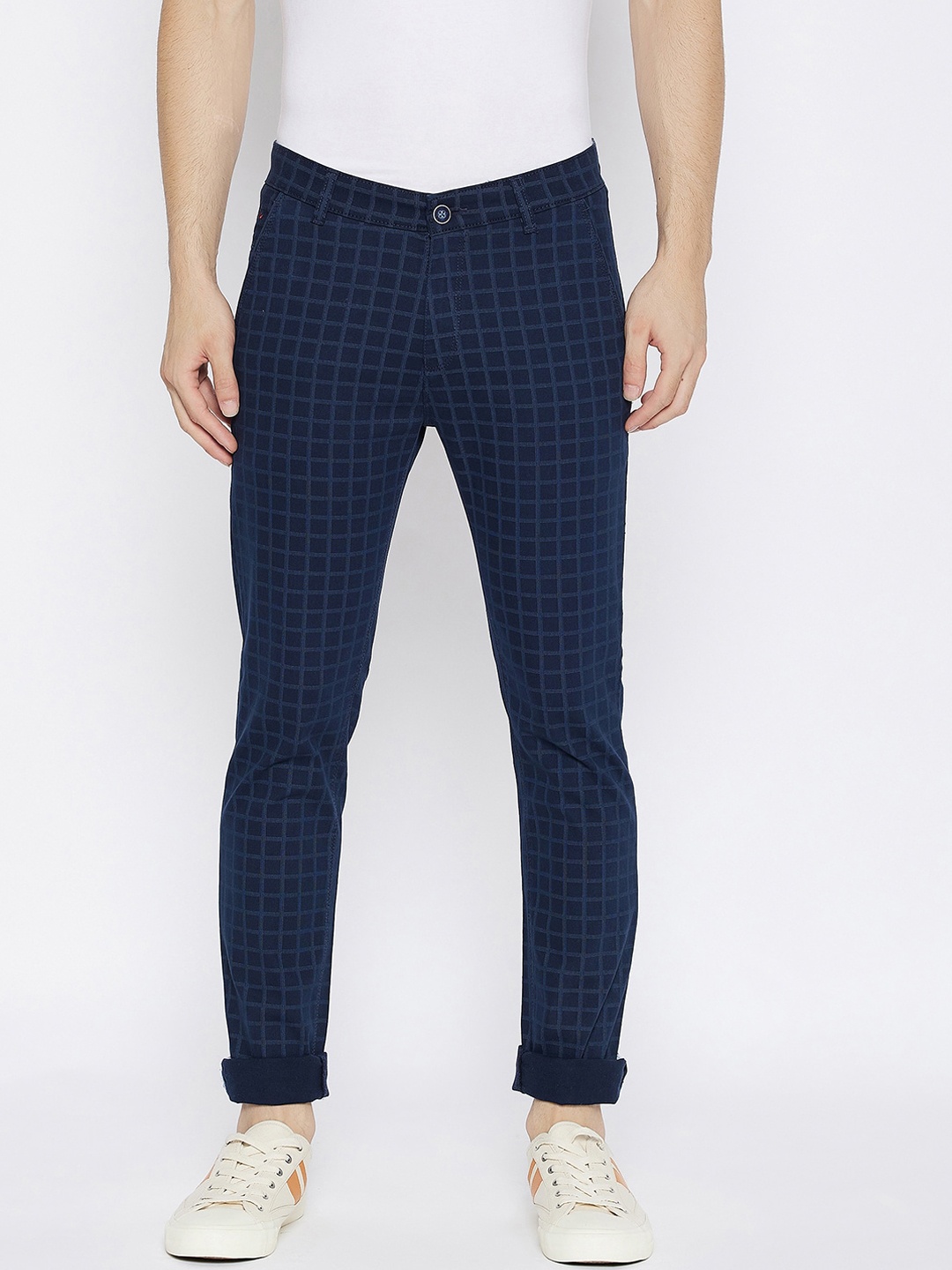 

Crimsoune Club Men Blue Checked Mid-Rise Slim Fit Trousers