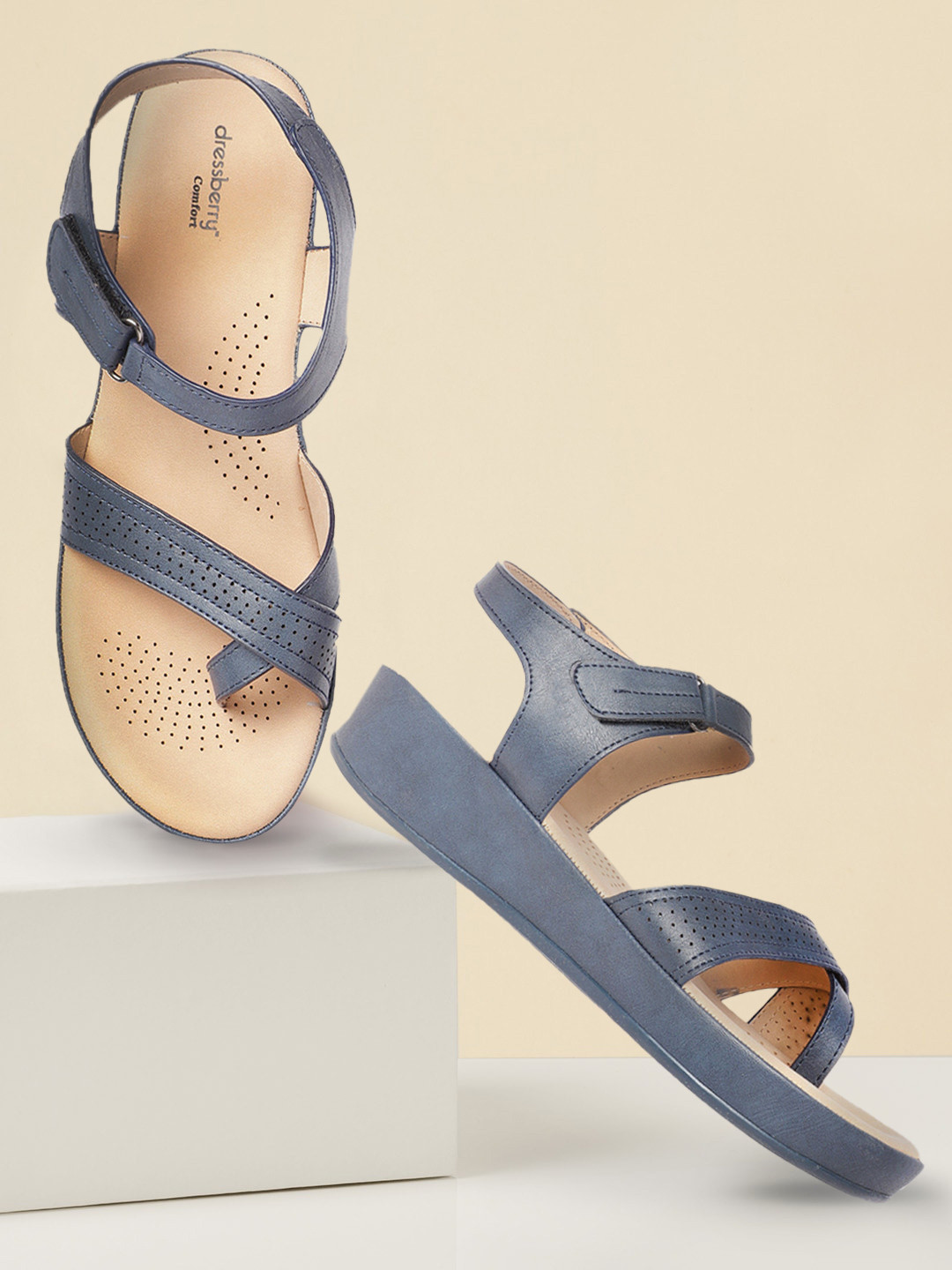 

DressBerry Women Navy Blue Laser Cut One-Toe Comfort Wedges