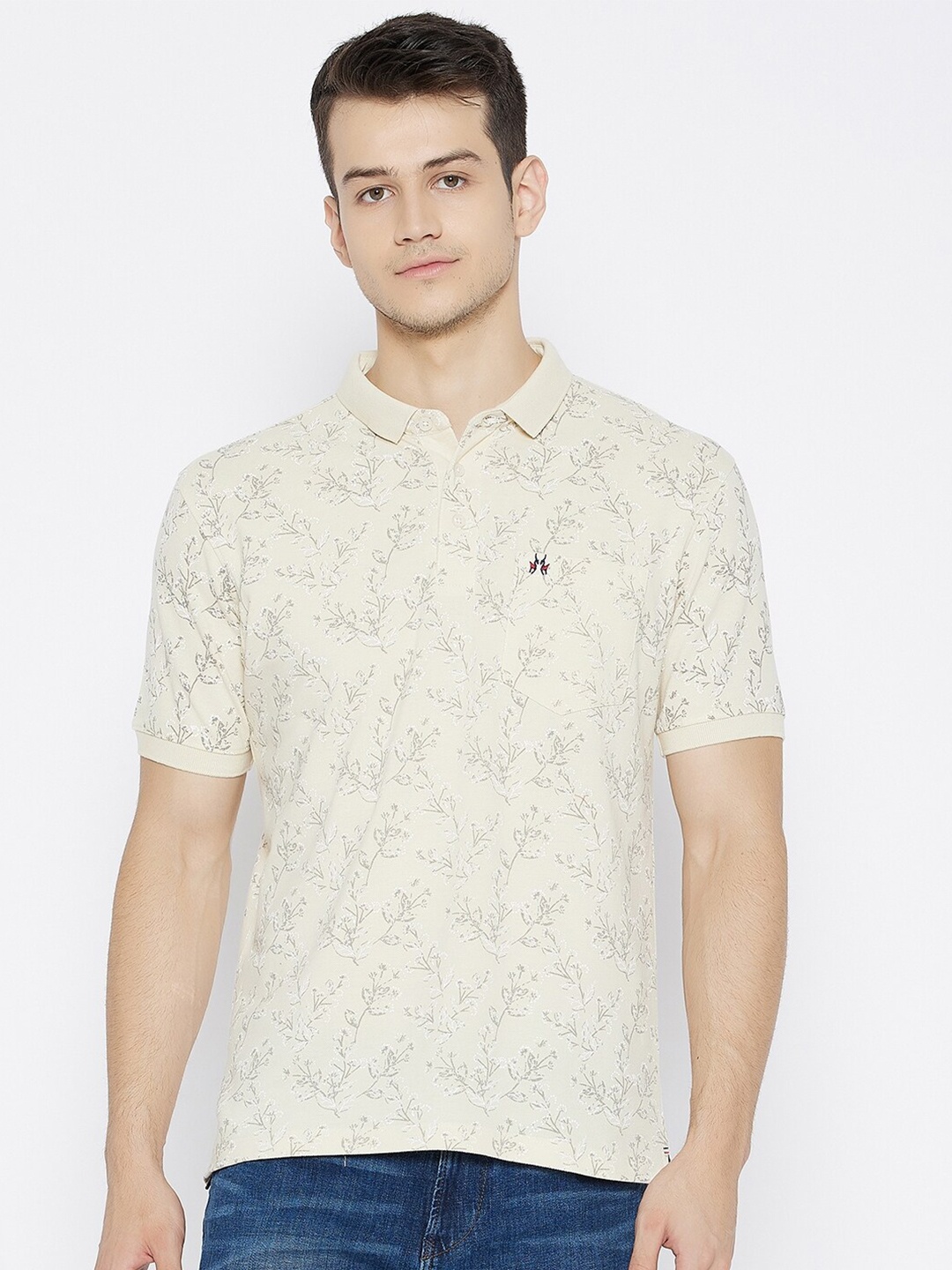 

Crimsoune Club Men Cream-Coloured Floral Printed Polo Collar Slim Fit Pure Cotton T-shirt