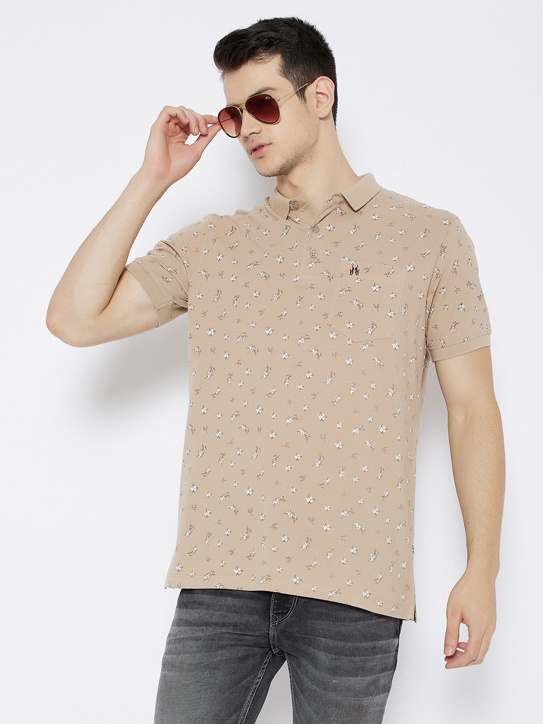

Crimsoune Club Men Beige Printed Polo Collar Slim Fit Pure Cotton T-shirt