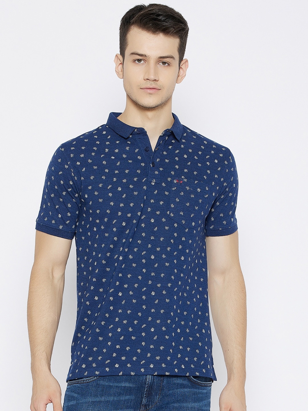 

Crimsoune Club Men Blue Printed Polo Collar Slim Fit T-shirt