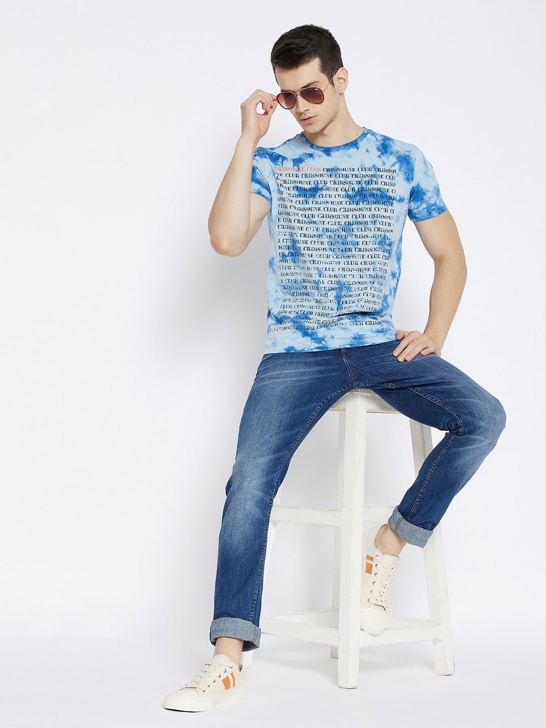 Crimsoune Club Men Blue Typography Printed Slim Fit Pure Cotton T-shirt