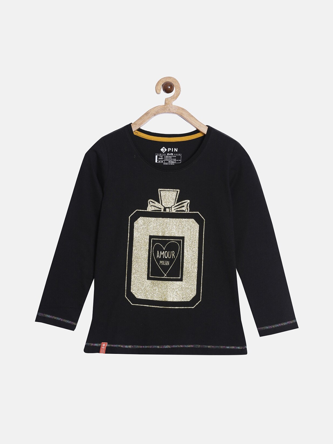 3PIN Kids-Girls Black Printed Embellished T-shirt