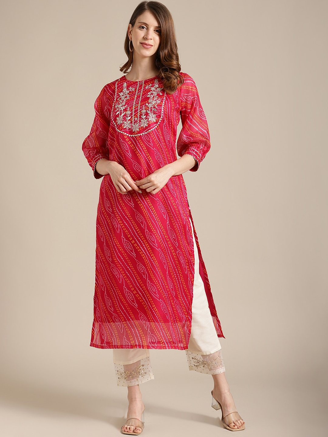 

KSUT Women Fuchsia & Gold-Toned Bandhani Embroidered Gotta Patti Kurta