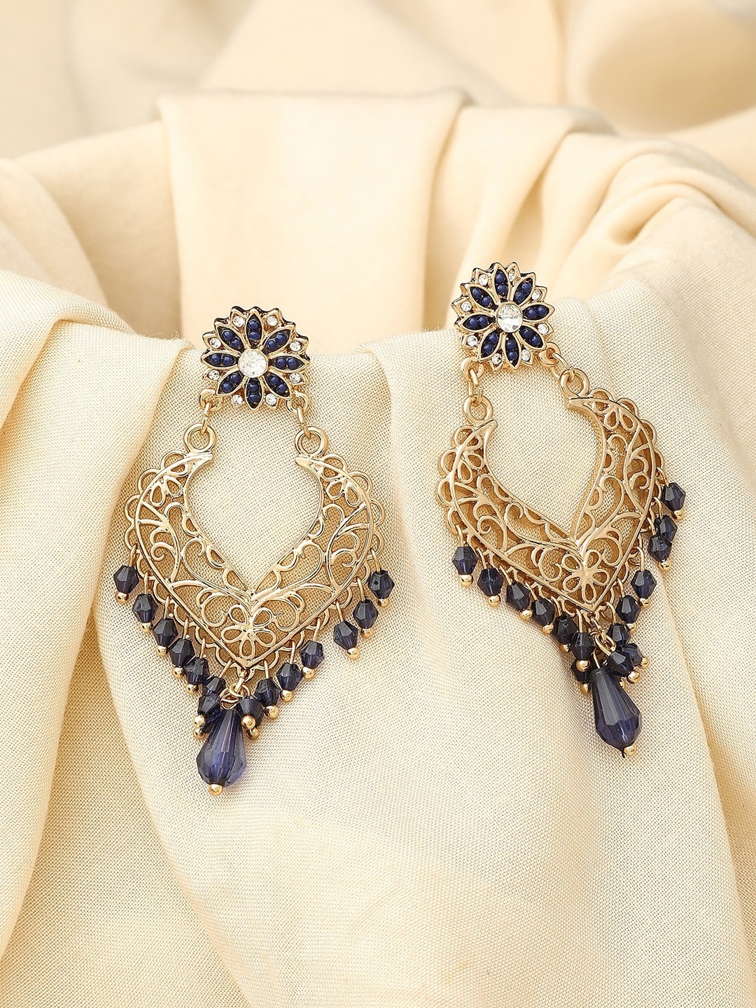 

Accessorize London Navy Blue & Gold-Toned Floral Ethnic Chandbalis Earrings