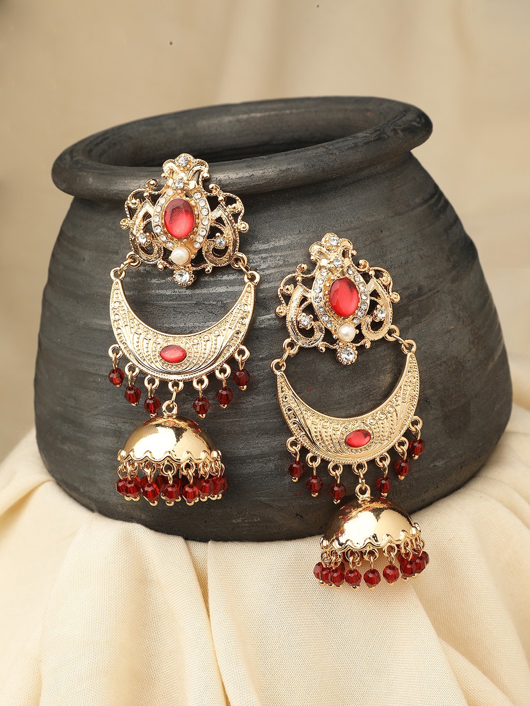 

Accessorize London Women Golden Jhumkas Earring, Red