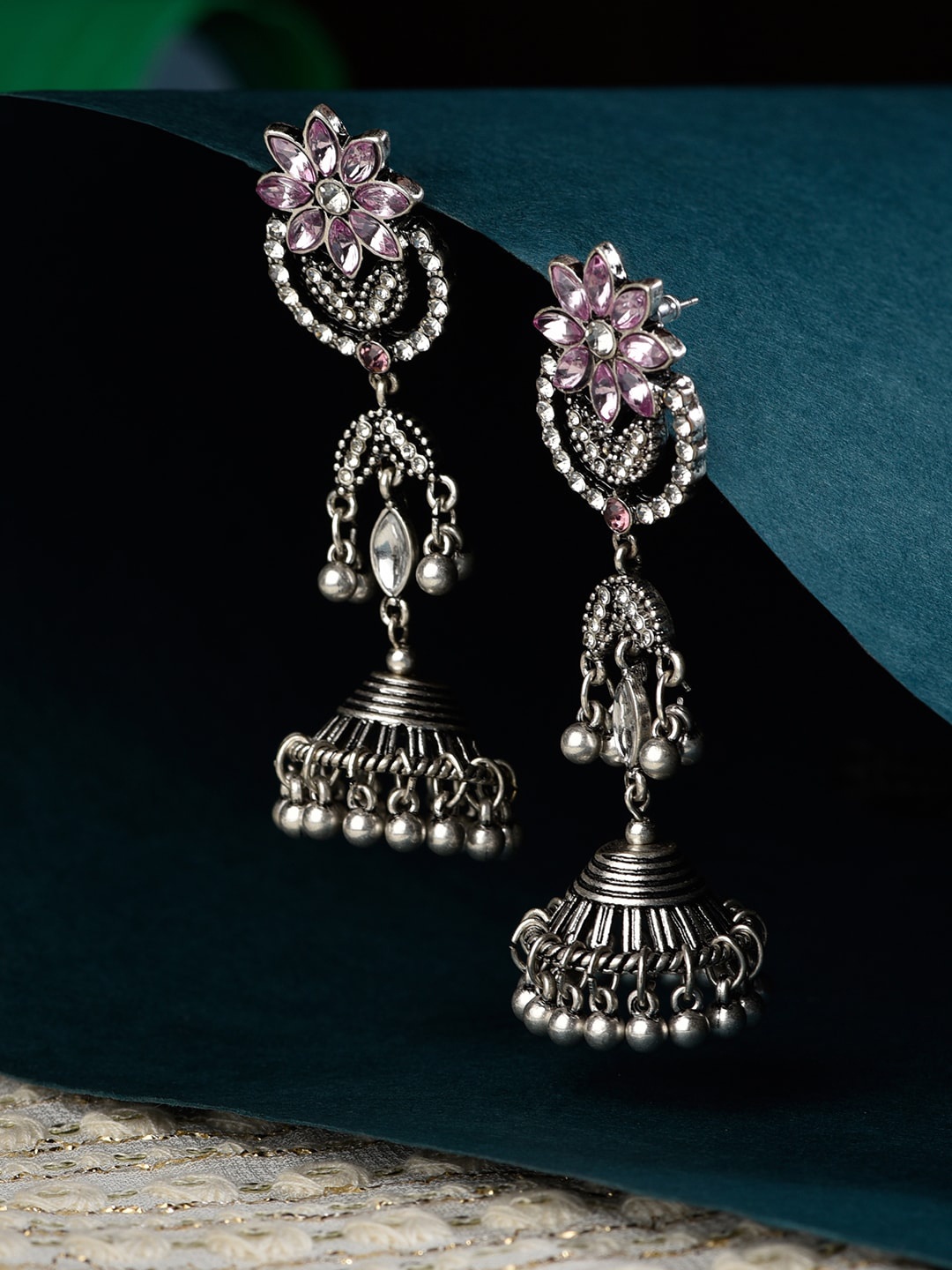 

Accessorize Silver-Toned& Pink Contemporary Jhumkas Earrings